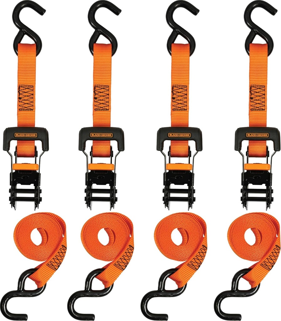 BLACK+DECKER BDX1007 Black/Orange 1" X 10' Ratchet Tie down Straps with Ergonomic Handles (2,500 Lb Break Strength) for Securing Cargo, 4 Pack