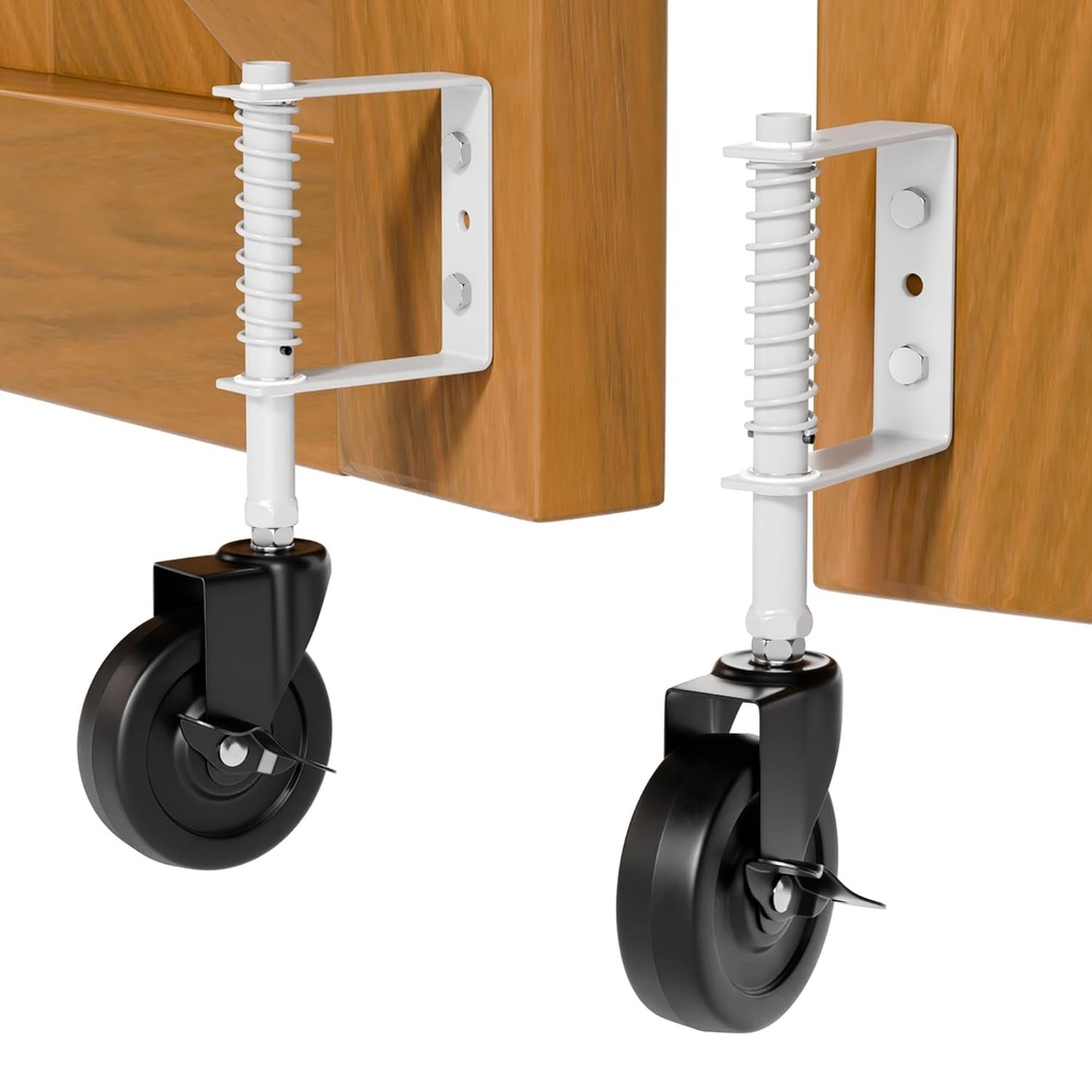4" Heavy Duty Spring Loaded Gate Caster Wheel with Side Brake, Drag Gate Wheels with 360° Swivel for Wooden Gate Fence, Metal Tube Gate, anti Sag Gate Kit, 200 Lbs Capacity, 2 Pcs, White