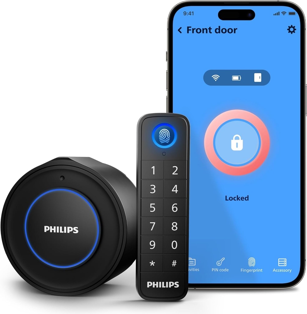 Philips Wifi Smart Lock with Fingerprint Keypad, Turn Your Existing Deadbolt into a Smart Door Lock, Built-In Wifi, APP Remote Control, Keyless Entry Door Lock, Auto-Lock, Lock Status Logging, Black