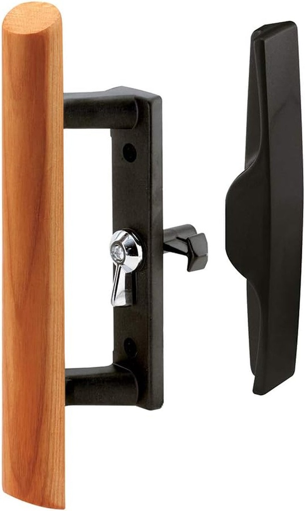 Prime-Line C 1095 Sliding Glass Door Handle Set, 3-1/2 In., Diecast and Wood, Black, Hook Style, Internal Lock (Single Pack)