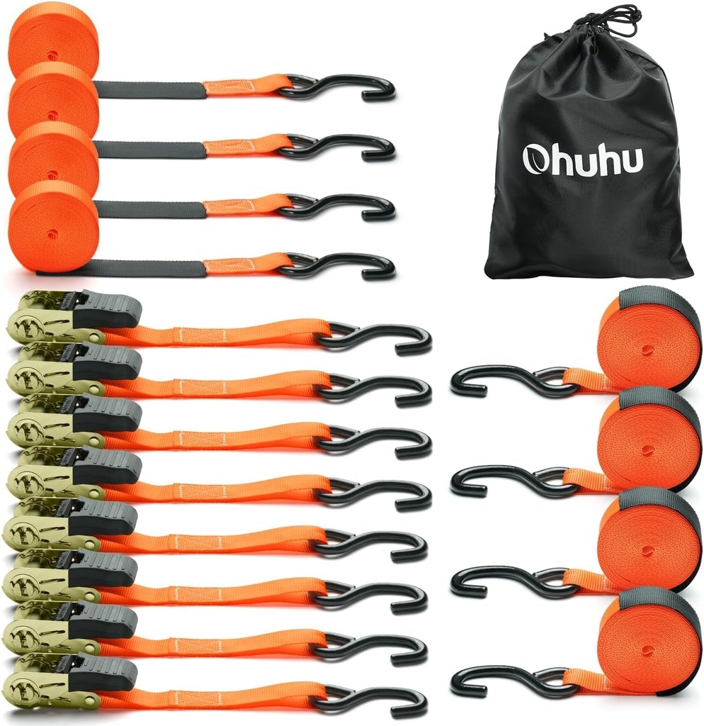 Ratchet Tie down Strap 8-Pack 15 Ft - 500 Lbs Load Cap with 1500 Lbs Breaking Limit, Ohuhu Ratchet Tie Downs Logistic Cargo Straps for Moving Appliances, Motorcycle, Orange