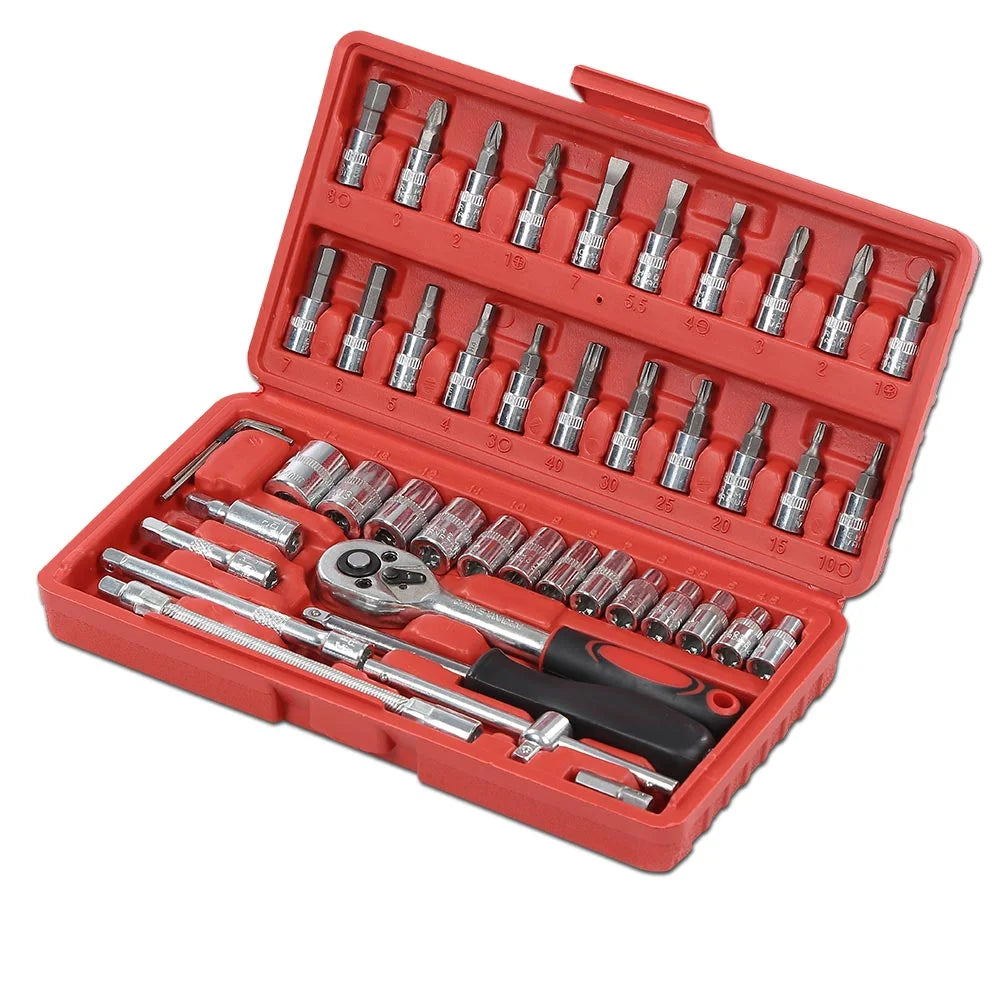 CROSSDESIGN 1/4" Ratchet Wrench Combination Socket Tool Set Kit Auto Car Repair Tool 46PCS