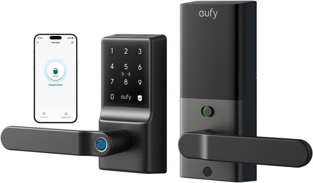 Eufy Smart Lock C33, Fingerprint Keyless Door Lock with Handle, Built-In Wi-Fi, APP Remote Control, Biometric Door Knob for Entry Door, Auto Lock, IP53 Waterproof
