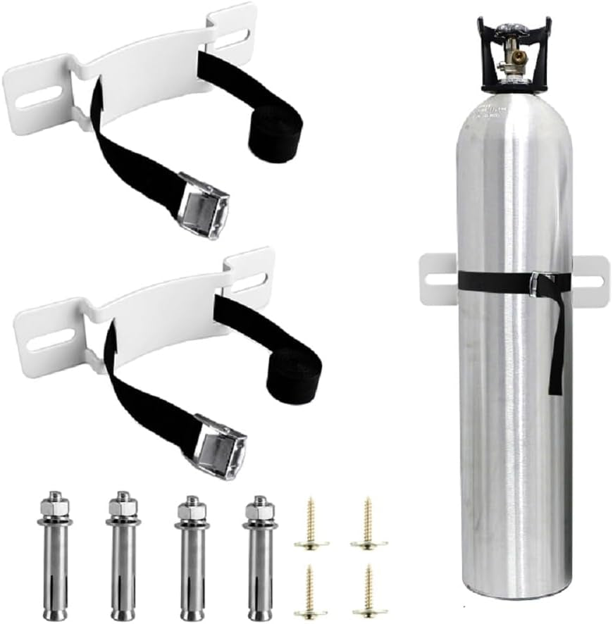 Cylinder Wall Mounted Bracket，Propane Tank Holder，Gas Cylinder Holder Wall-Mounted Bracket Propane Tank Bracket ，With Screws and Safe Cylinder Wall Mounted Bracketty Belt (White 2Psc)