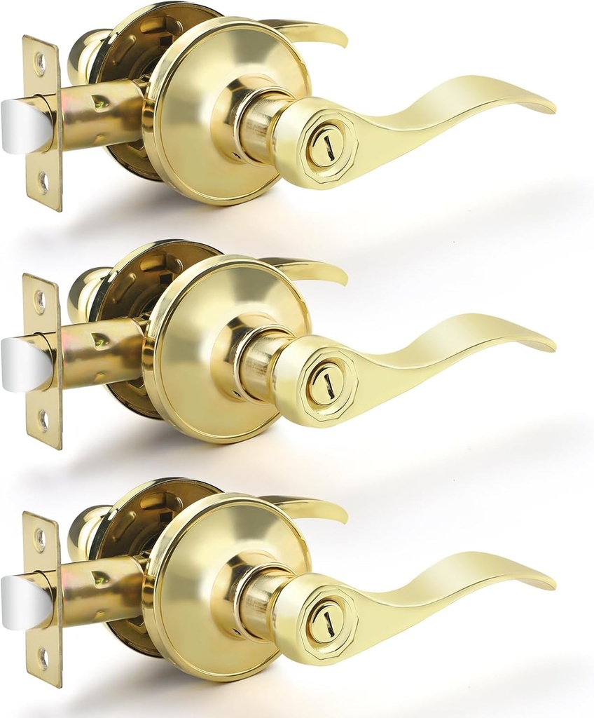 EHOMEWARE 3 Pack Polished Brass Door Handles, Gold Privacy Door Lever for Bed and Bath, Keyless Interior Door Handles, Locked inside with Turn-Thumb, Reversible Door Handles