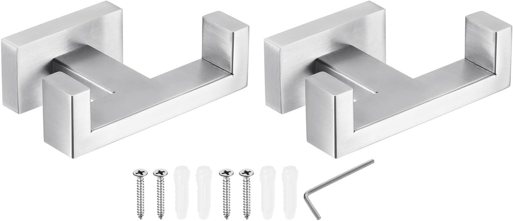 PATIKIL Double Towel Hook, 2Pack 304 Stainless Steel Wall Mounted Hanger Rectangle Towel Holder for Hanging Bathroom, Bedroom, Dormitory, Hang Towel, Clothes, Coat, Robe, Hat, Silver Tone
