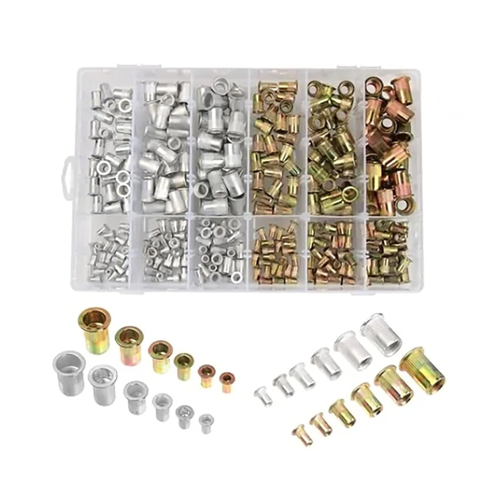 300 Pcs Metric Rivet Nut Kit, Nuts Assortment M3 M4 M5 M6 M8 M10, Color Zinc Plated and Aluminum Flat Head Threaded Insert Nuts with Box,For Fastening Accessories