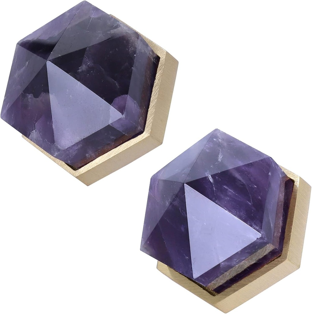2PCS Hexagonal Amethyst Crystal Drawer Pulls Handles with Screws, Pointed Stone Cabinet Knobs for Dresser Kitchen Cupboard