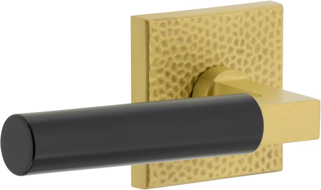 Viaggio Quadrato Hammered Rosette Satin Brass Privacy with Satin Black Contempo Smooth Lever