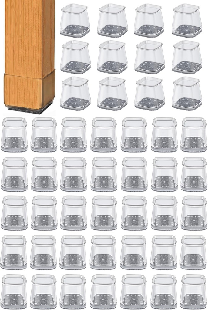 48PCS Square Chair Leg Floor Protectors with Wrapped Felt, Chair Leg Covers for Hardwood Floors, Silicone Chair Feet Furniture Pads Floor Protectors, No Noise and No Scratches(Clear-S)
