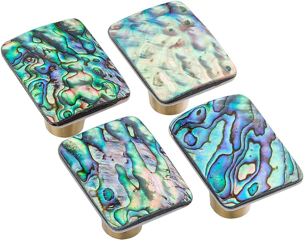 SUNYIK Pack of 4 Natural Abalone Shell Drawer Knobs with Screws, Brass Cabinet Knobs for Dresser Cupboard Furniture Decorative Home Office Door Decor, Rectangle