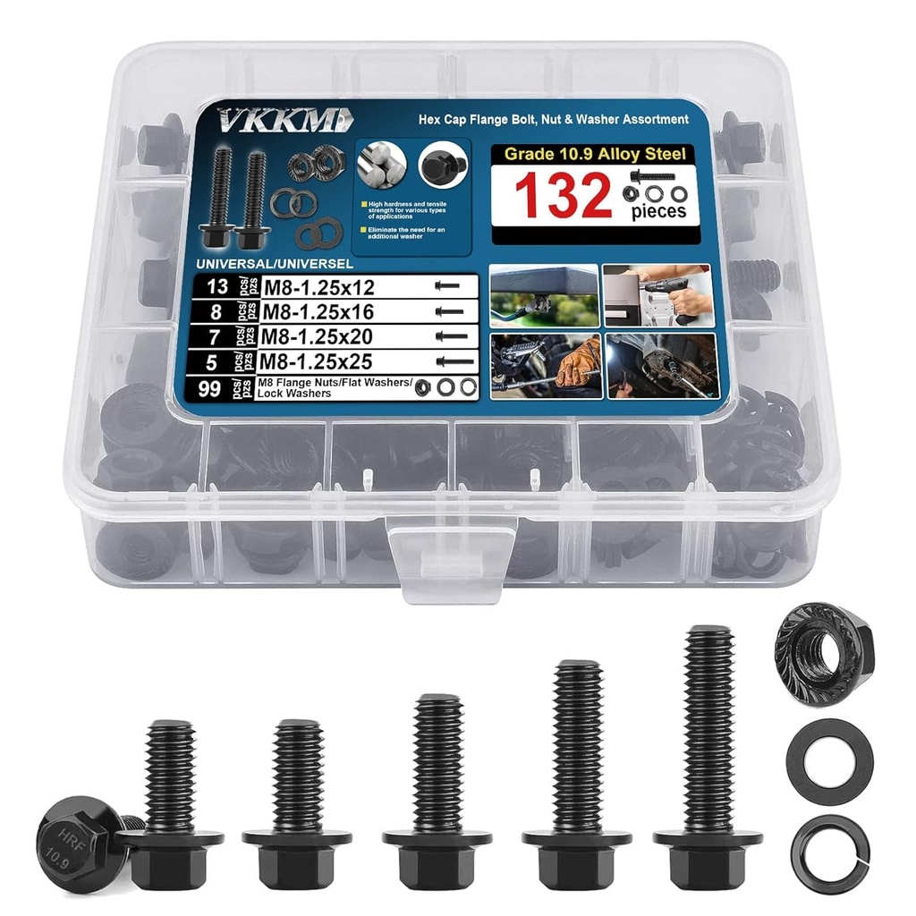 VKKM 132 Pcs M8 Hex Cap Flange Bolt Assortment Kit/Screws, Nuts & Washers/Black Oxide, M8-1.25 X 12/16/20/25Mm, Reusable Storage Case with Adjustable Dividers