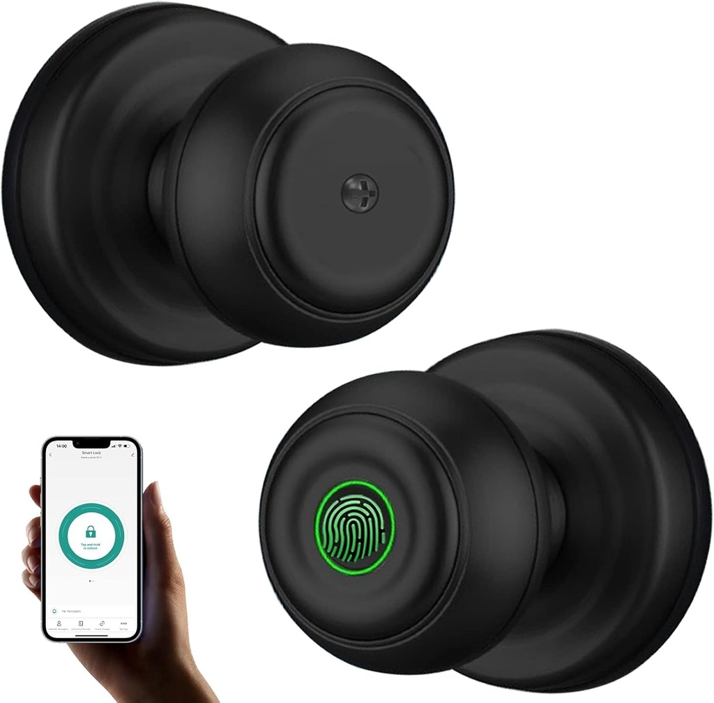 Fingerprint Door Knob, Smart Biometric Fingerprint Door Lock with App Control, Keyless Entry Door Lock for Bedroom/Office/Hotel/Apartment.(Black)