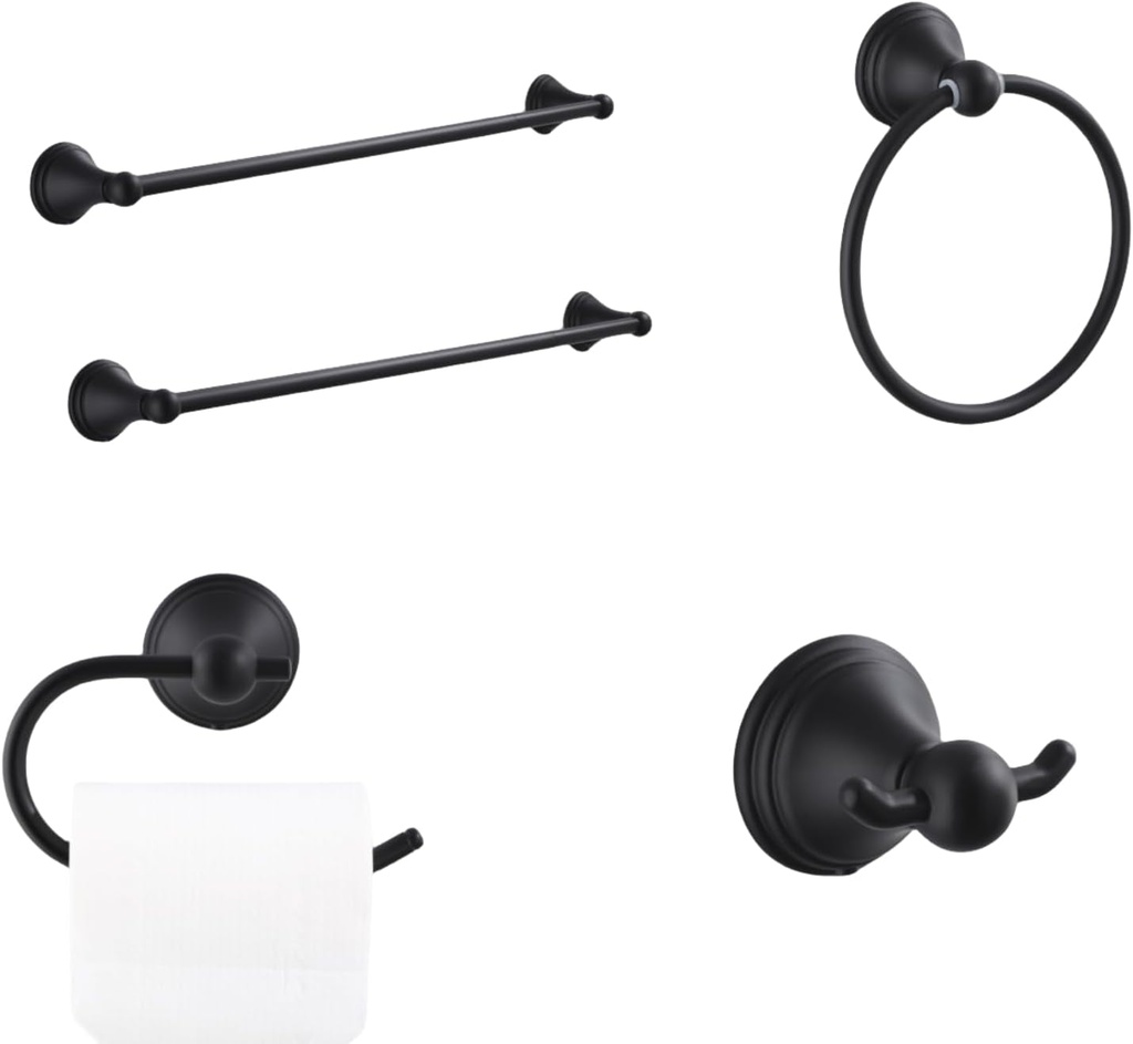 Bathroom Hardware Set, Towel Rack Set Towel Bar Set for Bathroom, Toilet Paper Holder, Hand Towel Holder and Robe Hook 5-Pieces Bathroom Towel Holder Set, Zinc, Black