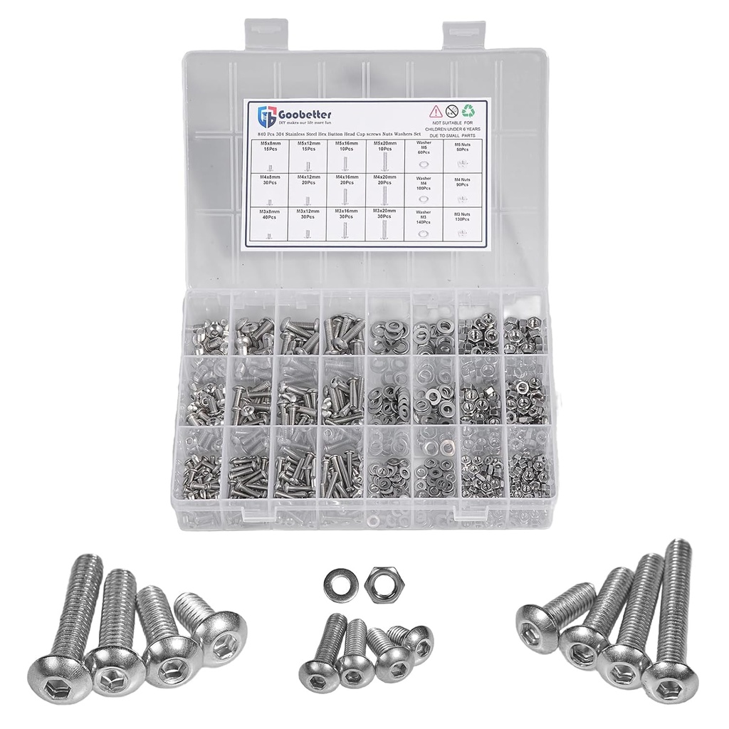 840 Pcs M3 M4 M5 Metric Screw Assortment, Hex Socket Button Head Cap Screws and Nuts Washers Assortment Kit, 304 Stainless Steel Metric Set Screws