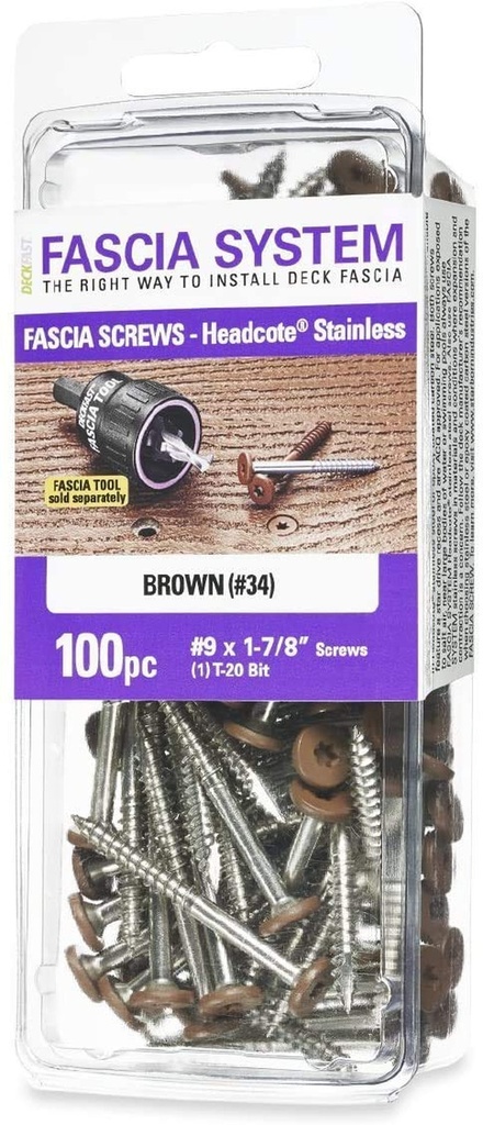Brand Starborn Industries, Headcote Stainless Steel Fascia Screws for Deck Installation Size 9 X 1-7/8" Color Torx Brown Lot of 4