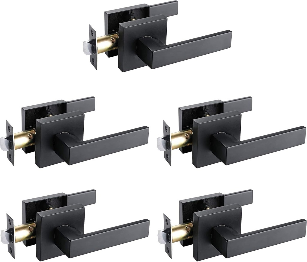 5 Pack No Lock Passage Door Lever, Reversible Door Handle without Locking for Right/Left Handed Door, Matte Black Heavy Duty Square Lever Set for Interior/Exterior Use