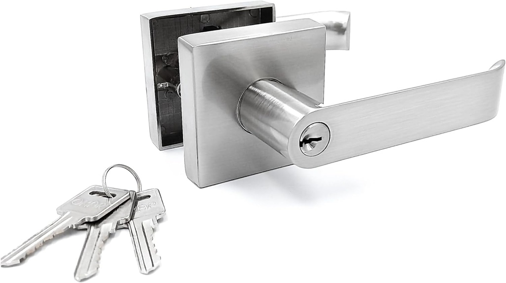 OKAR Heavy Duty Satin Nickel Door Handle Entry Privacy Bath and Dedroom Door Lever,Lock Interior with Key Lockset, Reversible Flat Lever with Square Rosette.