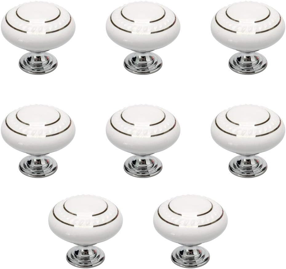 Uxcell 8Pcs Ceramic Knobs Vintage Knob Drawer Pull Handle Furniture Door Cabinet Cupboard Wardrobe Dresser Decorative Silver Circle White