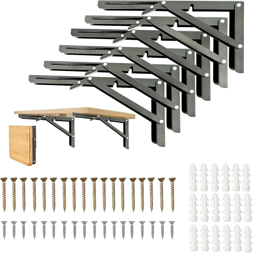 Folding Shelf Brackets,Wall Mounted Shelf Brackets,Heavy Duty Shelf Bracket,Black Metal Shelf Brackets for Bendable Table,Space Saving (18 Inch 6 Pcs)
