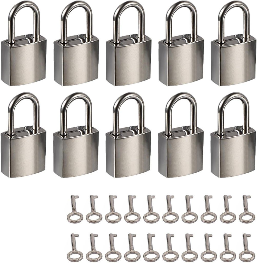 Mini Metal Lock - 10 Sets Zinc Replacement Pad - Small Locks with Keys, Mirror Glossy (Silver)