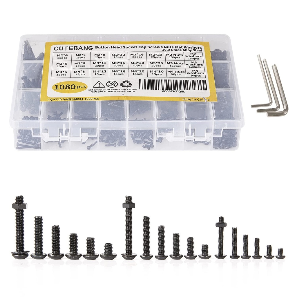 1080PCS M2 M3 M4 Button Head Socket Cap Screws Bolts, Nuts, Flat Washers, with Storage Box Assortment Set Kit, Black Oxide Finish, 10.9 Grade Alloy Steel, Allen Hex Drive, Fully Threaded Metric