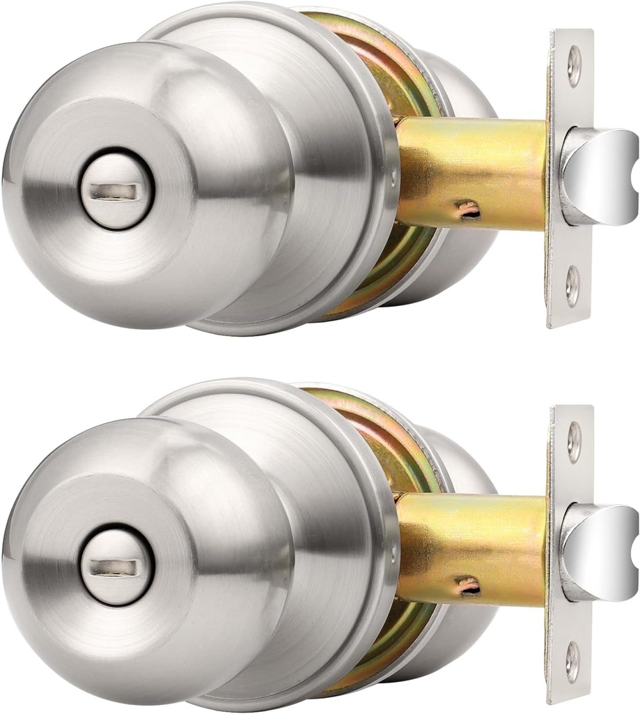 Probrico Brushed Nickel Door Knobs, round Ball Door Knob with Privacy Locking Function, Bedroom Bathroom Door Knobs for Interior Doors, 2 Pack