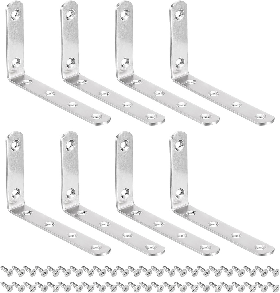 Uxcell L Shelf Bracket, 8Set 5 X 3Inch Silver Stainless Steel Floating Shelves Bracket 90 Degree Angle Corner Brace for Furniture Support, with Screws