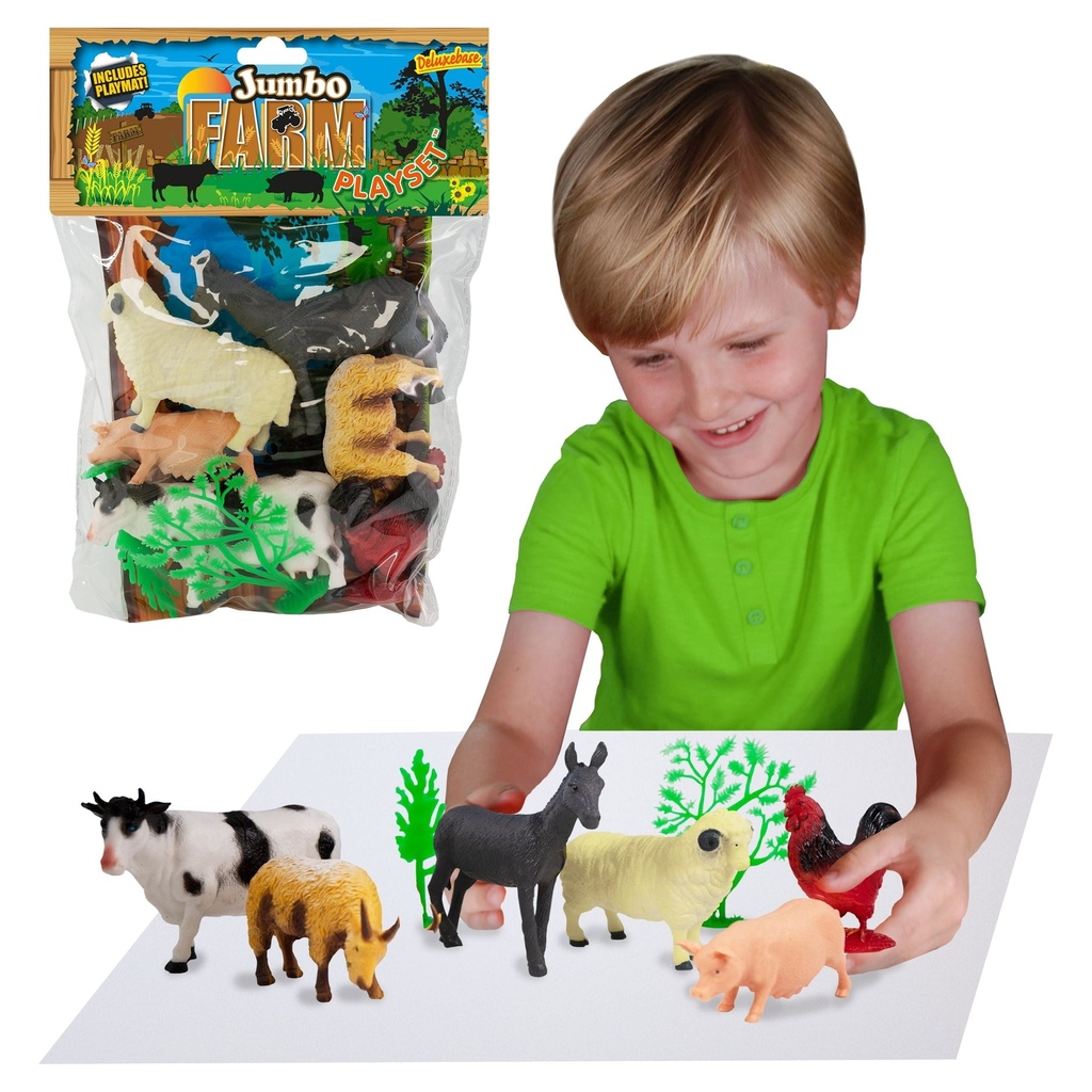Jumbo Playset - Farm Animals from Deluxebase. 10-Piece Large Farm Animal Figurines Toy Set. Bag of Farm Toys Including Cow, Pig, Dog, Donkey, Goat and Chicken. Great Farm Gifts and Party Favors.