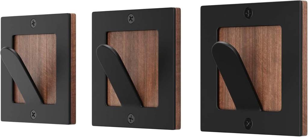 Wall Coat Hook Rack - Hat Hangers for Wall Hooks - Set of 3 Walnut Wood Black Square Metal Hooks