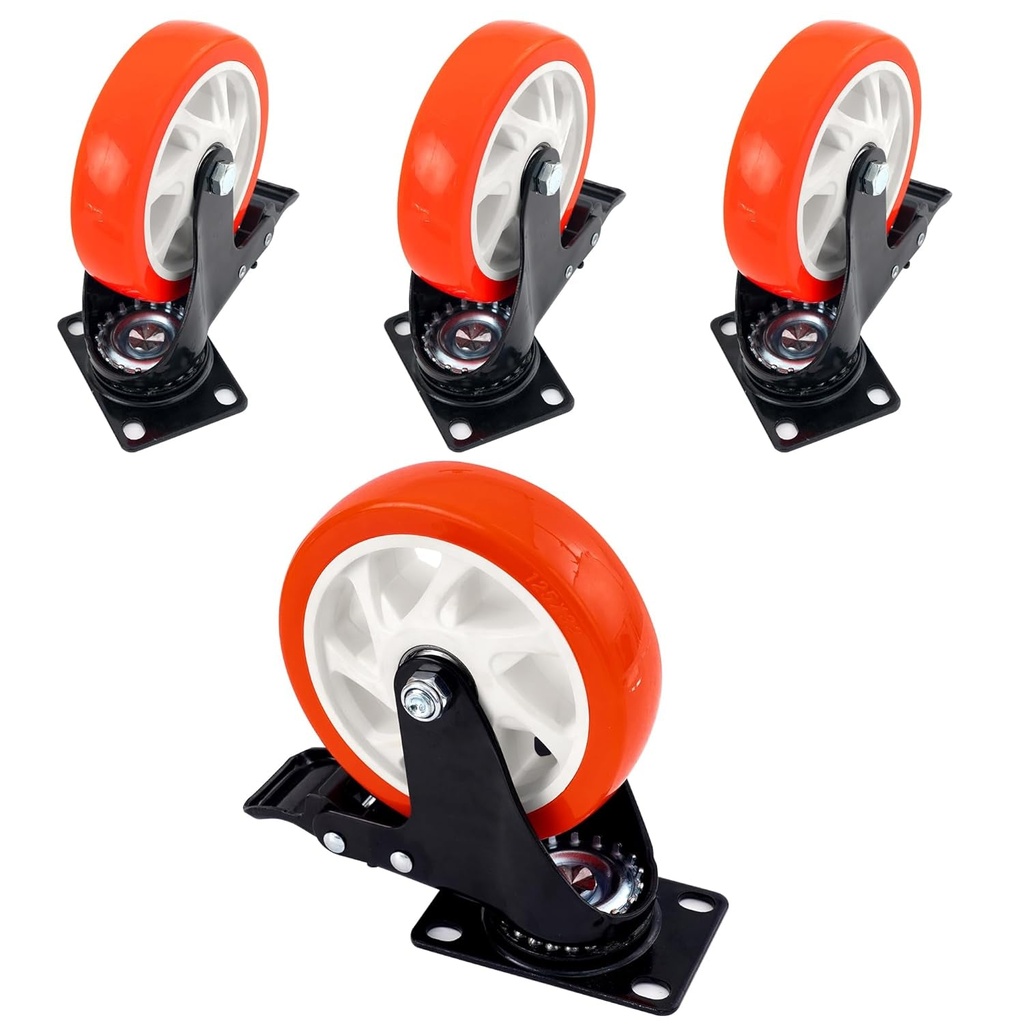 XIKE 4PCS Red 5Inch Casters Load 800Lbs with Brake, Advanced Polyurethane (PU) Floor Protection, Noise-Free 360 Degree Swivel Plate Heavy Duty Caster Wheels