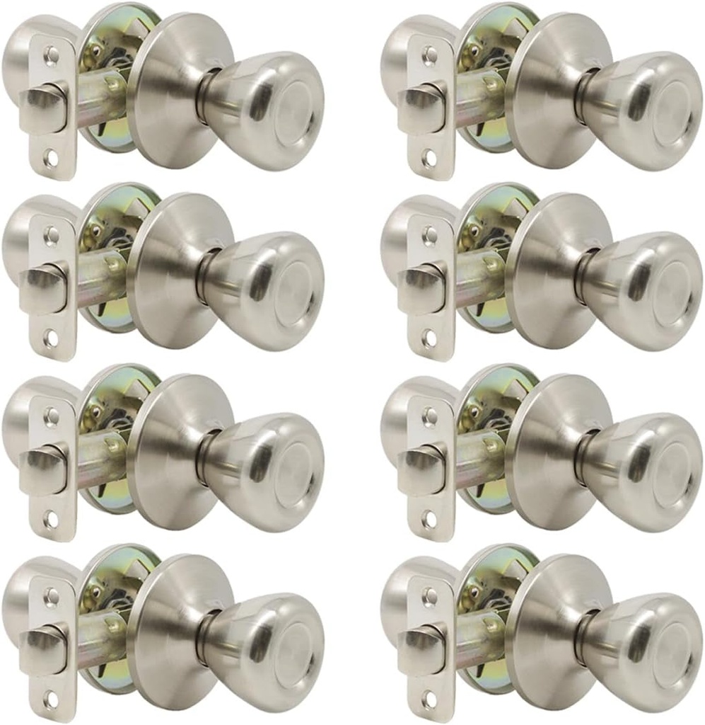 8 Pack No Lock Passage Satin Nickel Door Knob, Tulip Style Knobs without Locking for Interior/Exterior Use, Reversible for Right/Left Handed Door