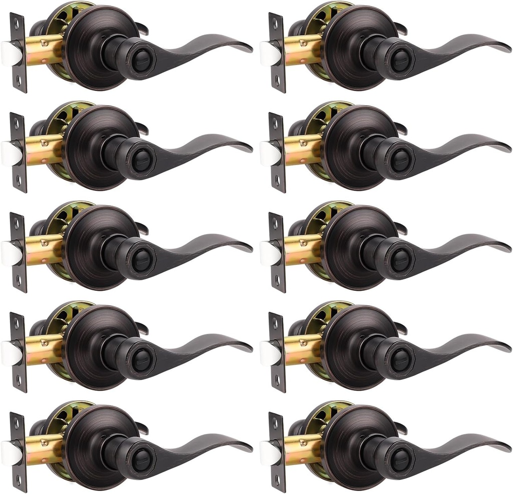 Probrico 10 Pack Privacy Door Lever,Locking Door Handle Set for Bedroom & Bathroom Doors,Keyless Oil Rubbed Bronze Finish Wave Door Lock, Reversible Right & Left Side Handed