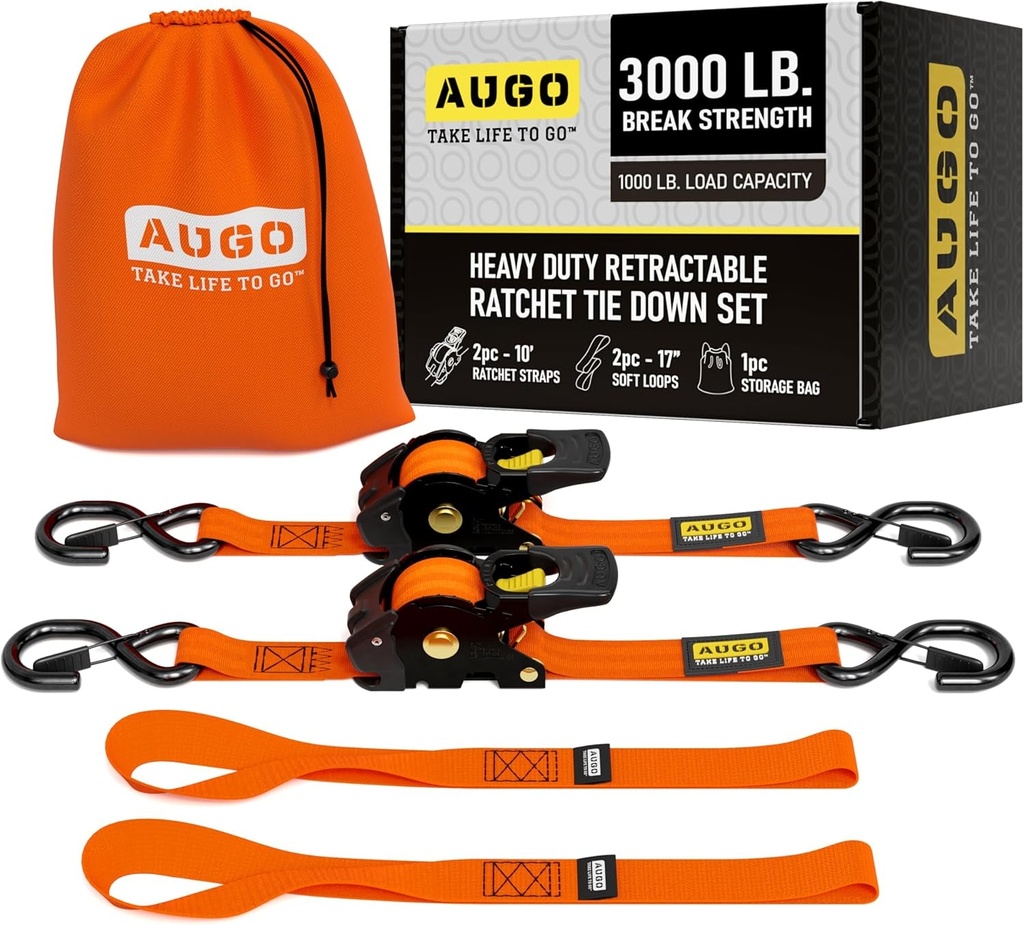AUGO Retractable Ratchet Straps | 2 Heavy Duty Ratchet Straps Self Retractable Tie down Straps with Soft Loops & Storage Bag for Motorcycle, Truck, Trailer, Cargo Van | 3000 Lb Break Strength 2” X 10’