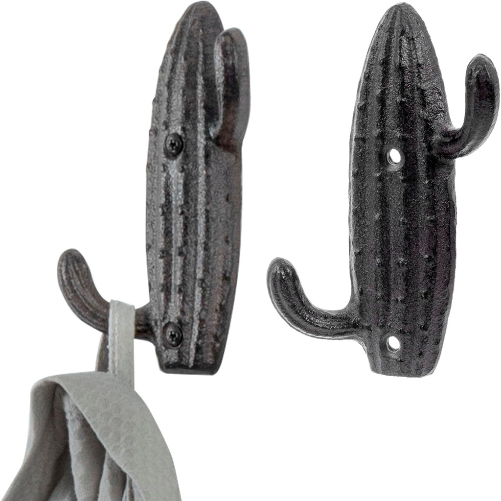 Mygift 2-Hook Vintage Dark Brown Cast Iron Coat Hooks, Southwestern Style Cactus Shape Wall Mounted Entryway Garment Hooks for Hats Keys Leashes Lanyards, Set of 2