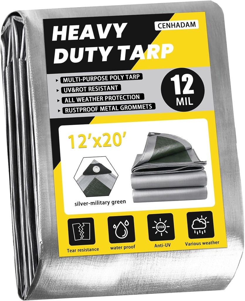 Tarp Waterproof 12X20-Heavy Duty Tarp,12 Mil Thick Cover Waterproof Plastic Tarpaulin with Grommets,Outdoortarps Heavy Duty Waterproof Uv-Resistant/Tear Proof for Pool,Camping,Boat,Patio
