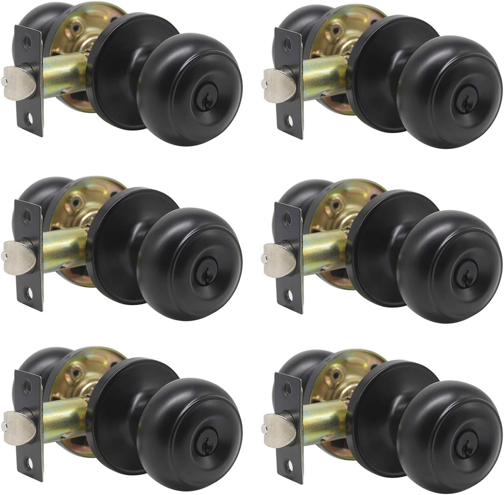 Probrico round Entry Door Lockset, Flat Black Keyed Entry Door Knobs, Bedroom Bathroom Door Knobs with Lock and Different Keys,6 Pack