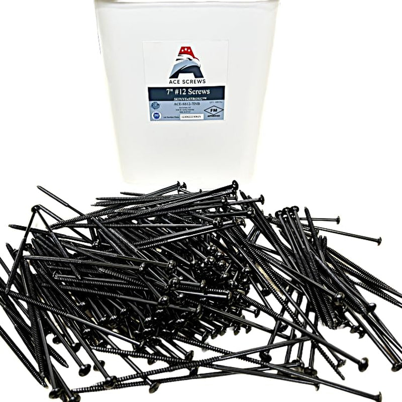 Ace Screws #12 7" (1000Pc) FM Approved Skinnynstrong Roof Fastener - Black, Self Tapping into Metal and Wood Roof Decks, Corrugated Roofing, Commercial, Insulation, EPDM, TPO