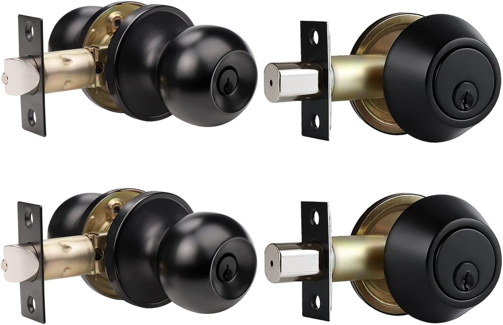 Probrico Black Door Knob and Single Cylinder Deadbolt Set, Keyed Alike Front Entry Door Knob with Lock and Keys, 2 Pack round Door Lock Set with Deadbolt for Exterior and Interior Door