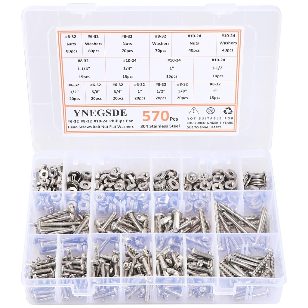 570Pcs Bolts and Nuts Kit #6-32#8-32#10-24 Phillips Pan Head Screws Bolt Nut Flat Washers 304 Stainless Steel Machine Screws Assortment Kit