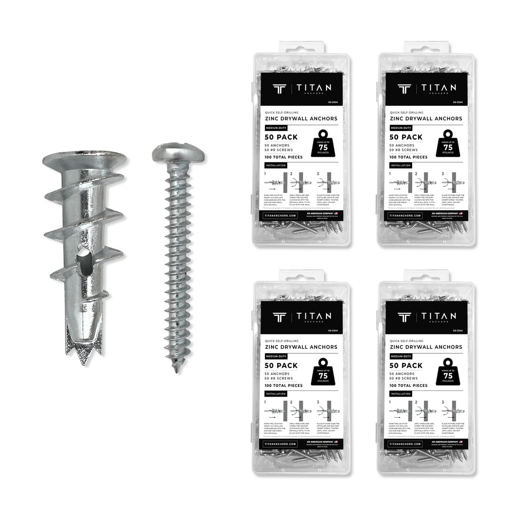 400-Pieces Quick Self-Drilling Zinc Metal Drywall Anchors with #8 Screws Kit | Holds 75 Lbs. | 200 Anchors + 200 Screws