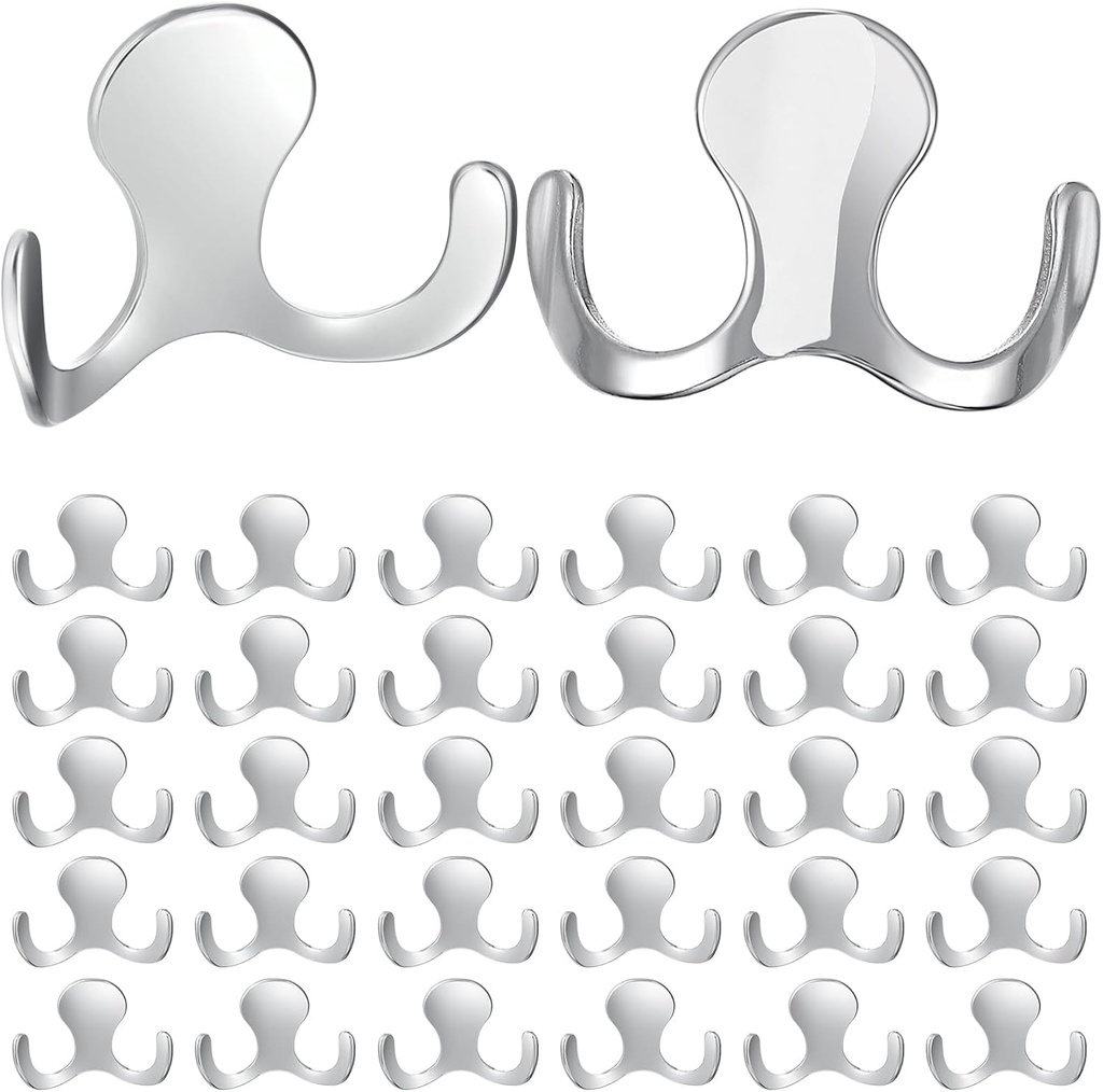 Queekay Double Prong Coat Hooks Heavy Duty Hooks Adhesive Towel Hooks Wall Hook Wall Coat Hanger Robe Hooks Wall Mounted Utility Hooks for Coat Scarf Bag Key (Nickel Color,32 Pcs)