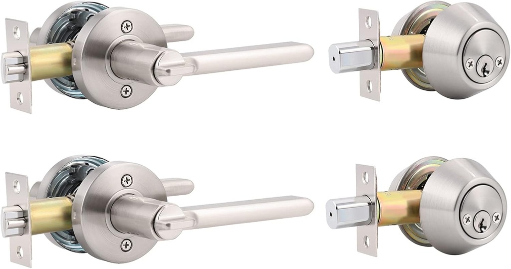 2 Pack Keyed Entry Door Lever and Double Cylinder Deadbolt Set, Keyed Alike Reversible Lockset, Matte Black Slim round Interior/Exterior Handleset for Bedroom, Front Door