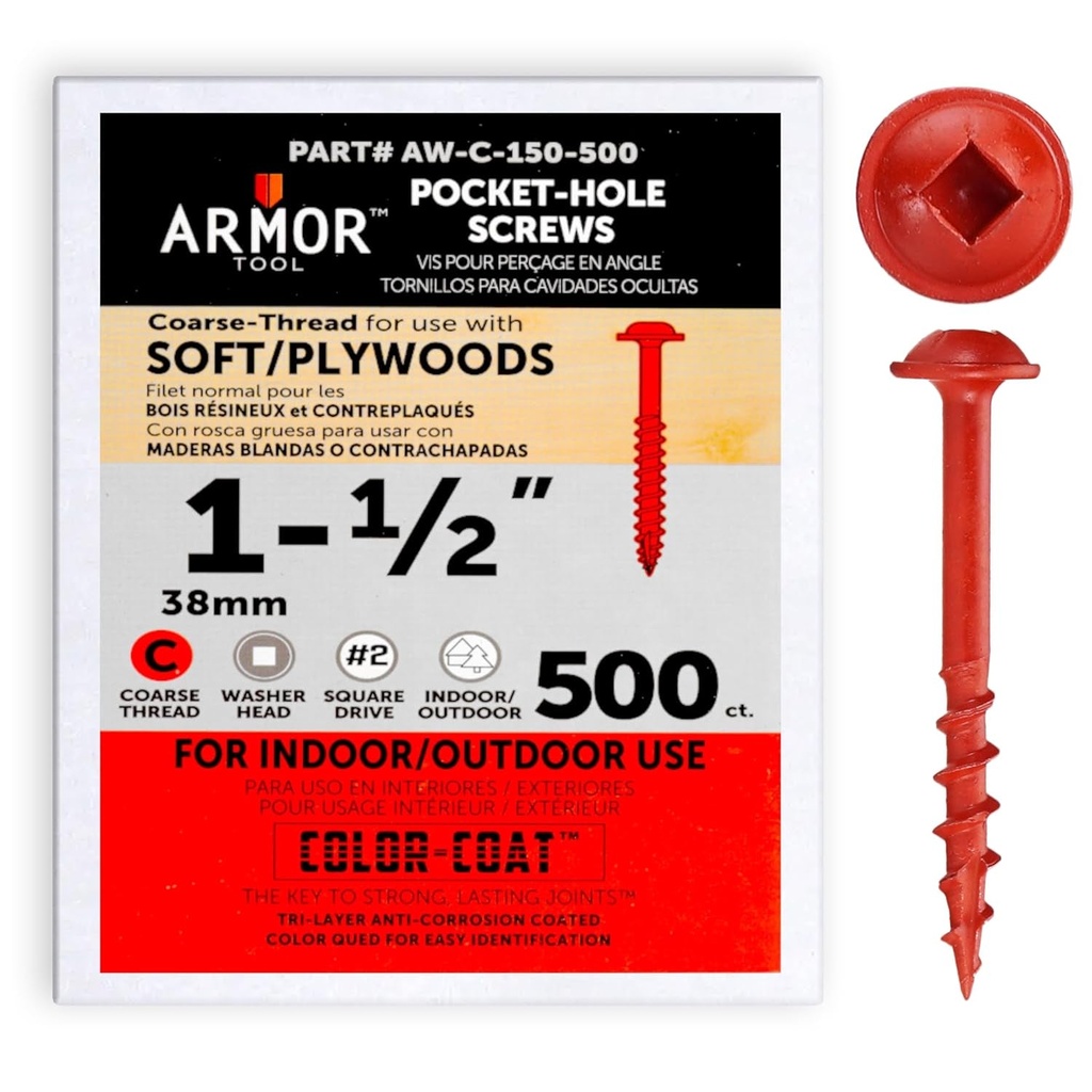 ARMOR TOOL Pocket Hole Screws - 1-1/2" Coarse Thread Joinery Screws 500 Pack with Red Color Coat & Square Drive - AW-C-150-500