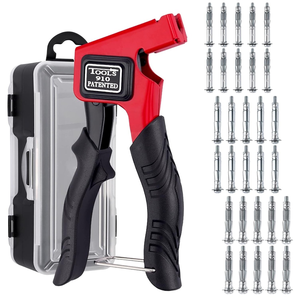 Jigiu Heavy Duty Wall Anchor Gun with 30Pcs Molly Bolt Metal Setting Tool Hollow Drive Wall Anchor Screws Assortment Kit (M4,M5,M6) for Cavity Anchor Plasterboard Fixing