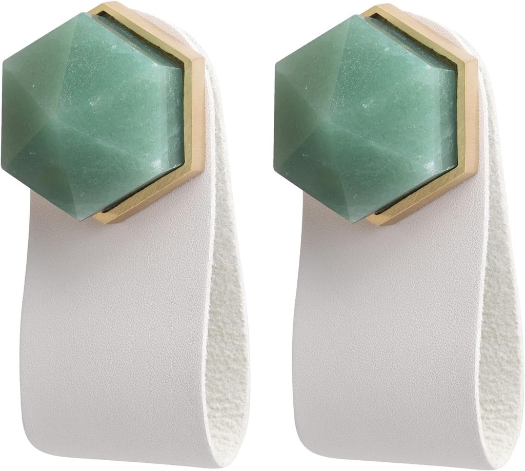 Mookaitedecor Set of 2 Green Aventurine Crystal Hexagon Drawer Knobs, Hexagonal Stone with Leather Drawer Pulls Handles for Kitchen Cabinet Cupboard Decor