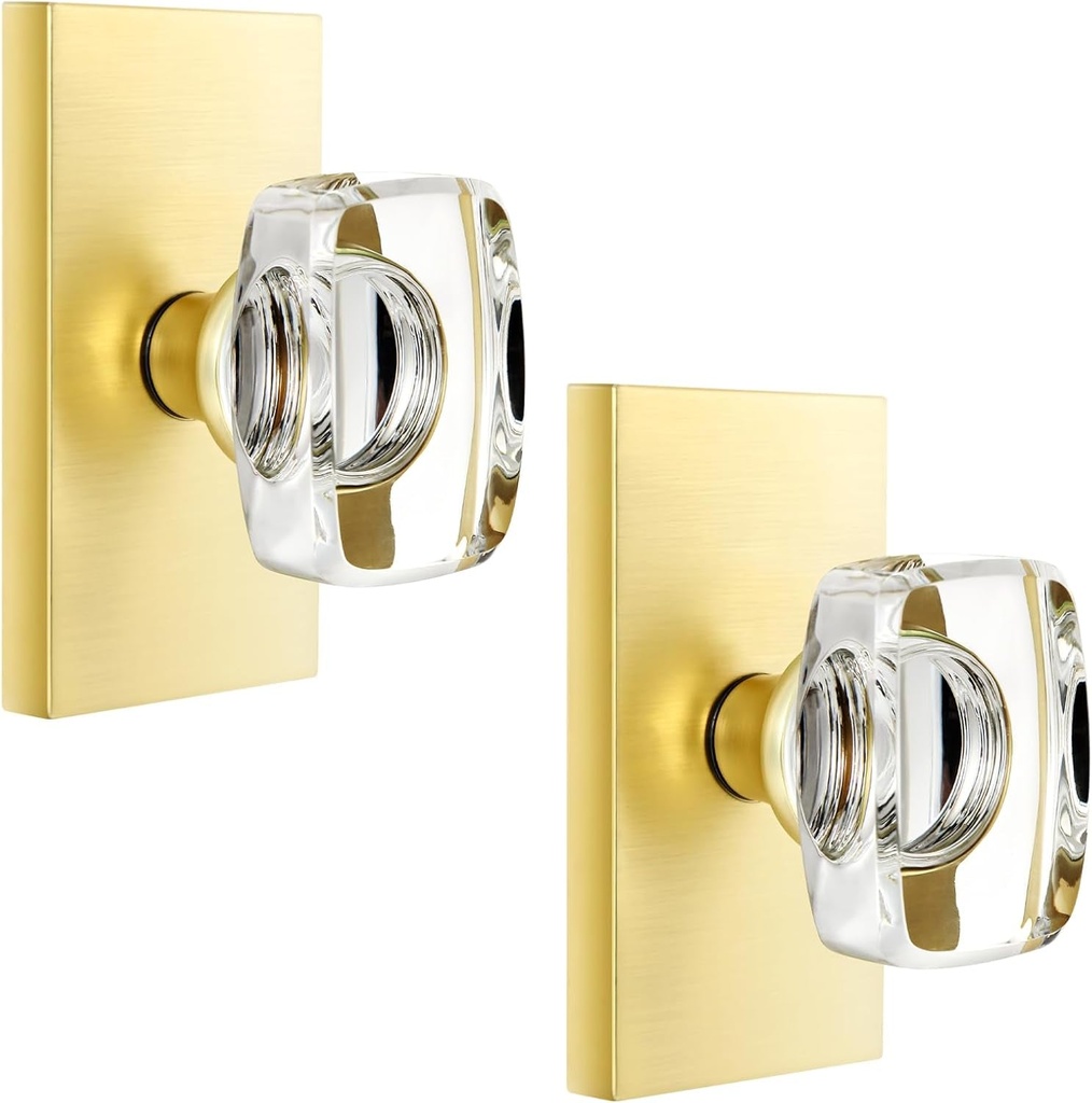 Glass Crystal Gold Dummy Door Knob Interior, Satin Brass Modern Dummy Door Knob Door Handles Rectangular for Bifold Closet Doors, 2 Pack
