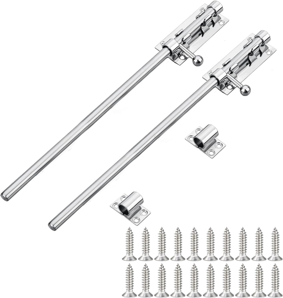 Slide Bolt Gate Latch, 304 Stainless Steel Gate Latch, 2 Pc 12 Inch Heavy Duty Security Bolt Door Latches for Wooden Fence/Shed Door/Yard Door/Barn Door/Interior and Outdoor Latch