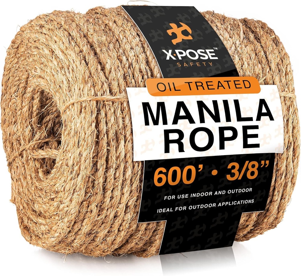 Manila Rope - 3/8 Inch Rope 600' - 3 Strand Cordage Twisted Braided Rope - Thick Natural Fiber Rope for Nautical, Marine, Decorative Rope for Crafts, Porch Column, Outdoor Pole Wrap, Tree Rope Swing