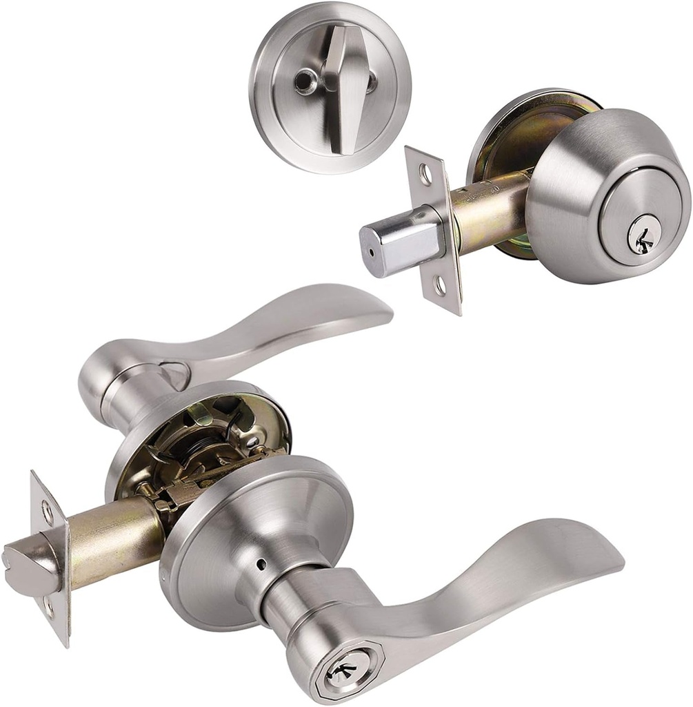 Satin Nickel Door Levers, Wave Style Door Handles with Single Cylinder Deadbolt, Combo Pack of 6, for Entrance/Entry/Front/Bedroom/Bathroom Doors